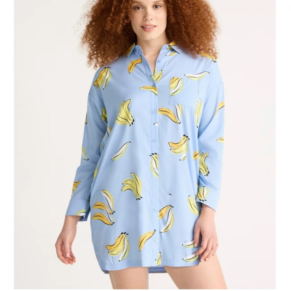 Light Blue Banana-Print Tunic Button-Up Top